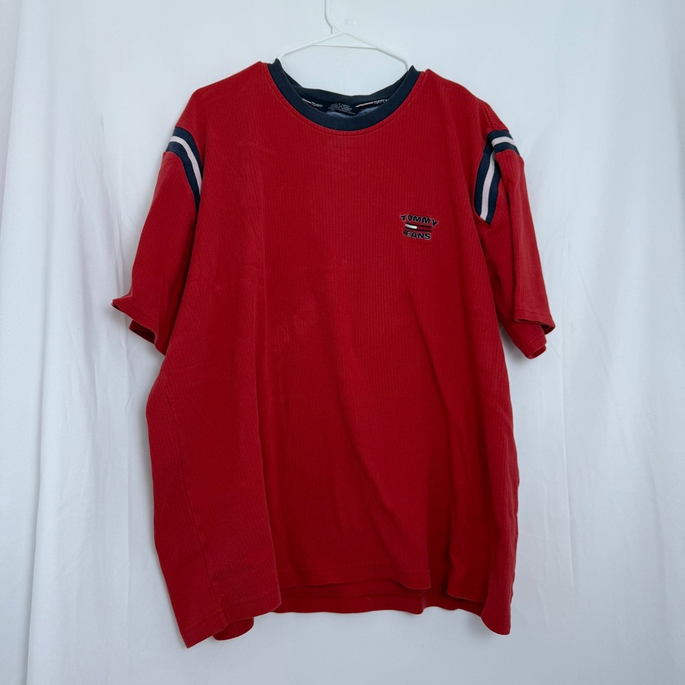 Vintage 90s Tommy Jeans Red Ribbed T-Shirt Striped Shoulders‎ Casual Top XXL